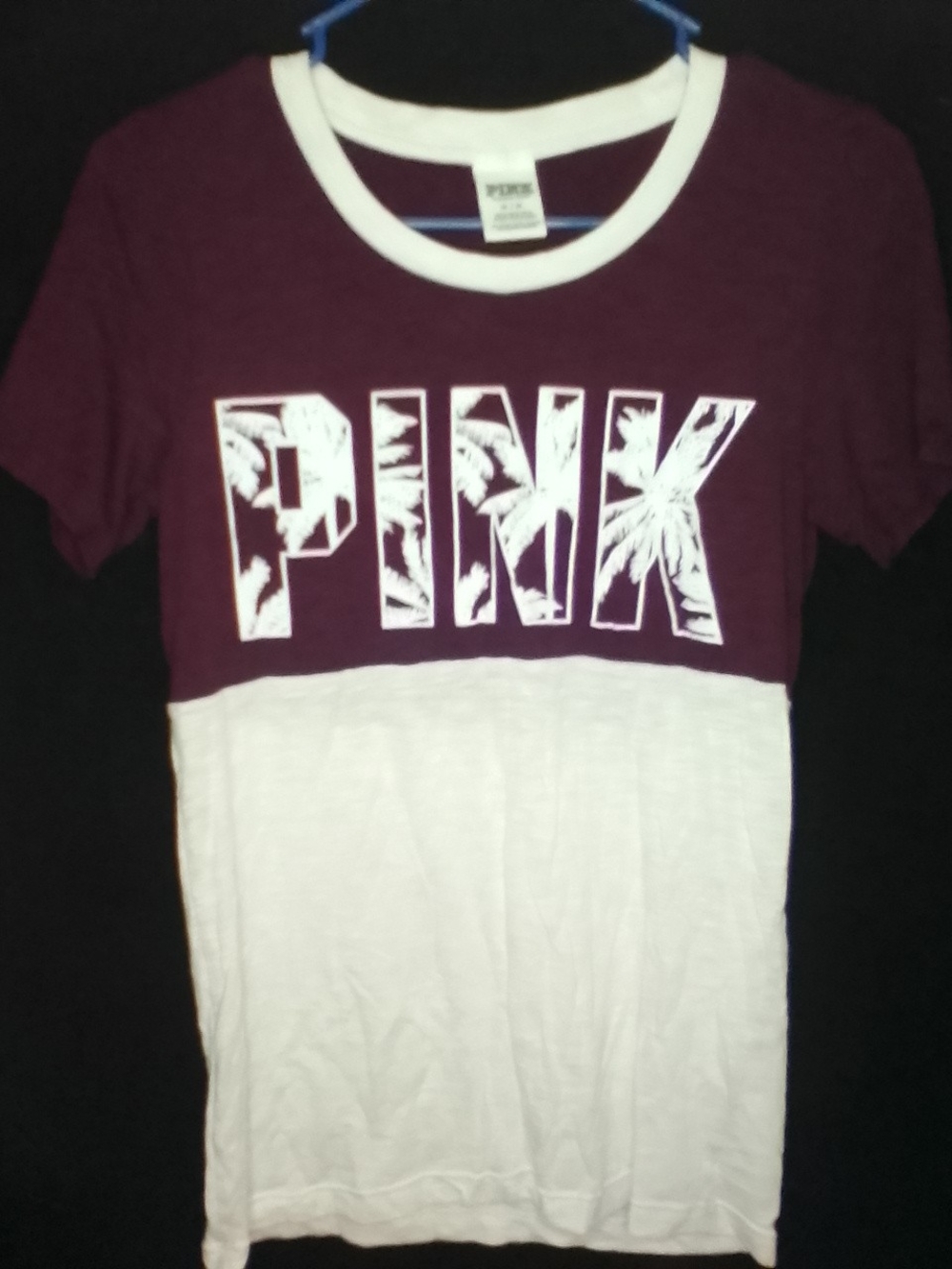 PINK Victoria's Secret Two-Tone Crewneck Tee — Maroon and White Palm Tree Medium